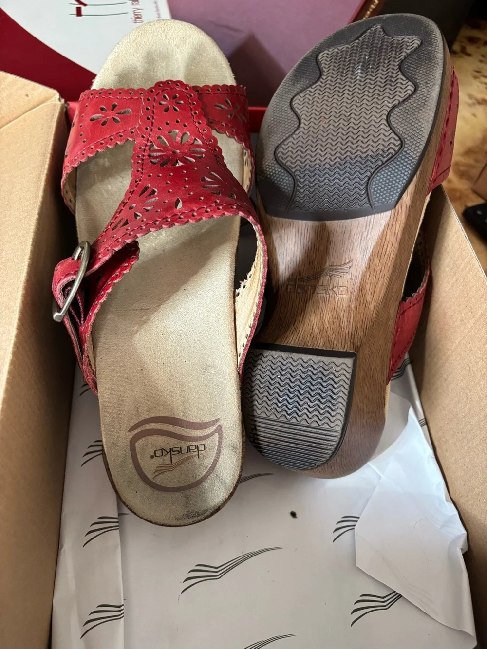 Dansko Crimson Leather Wedge Sandals with Buckle Strap